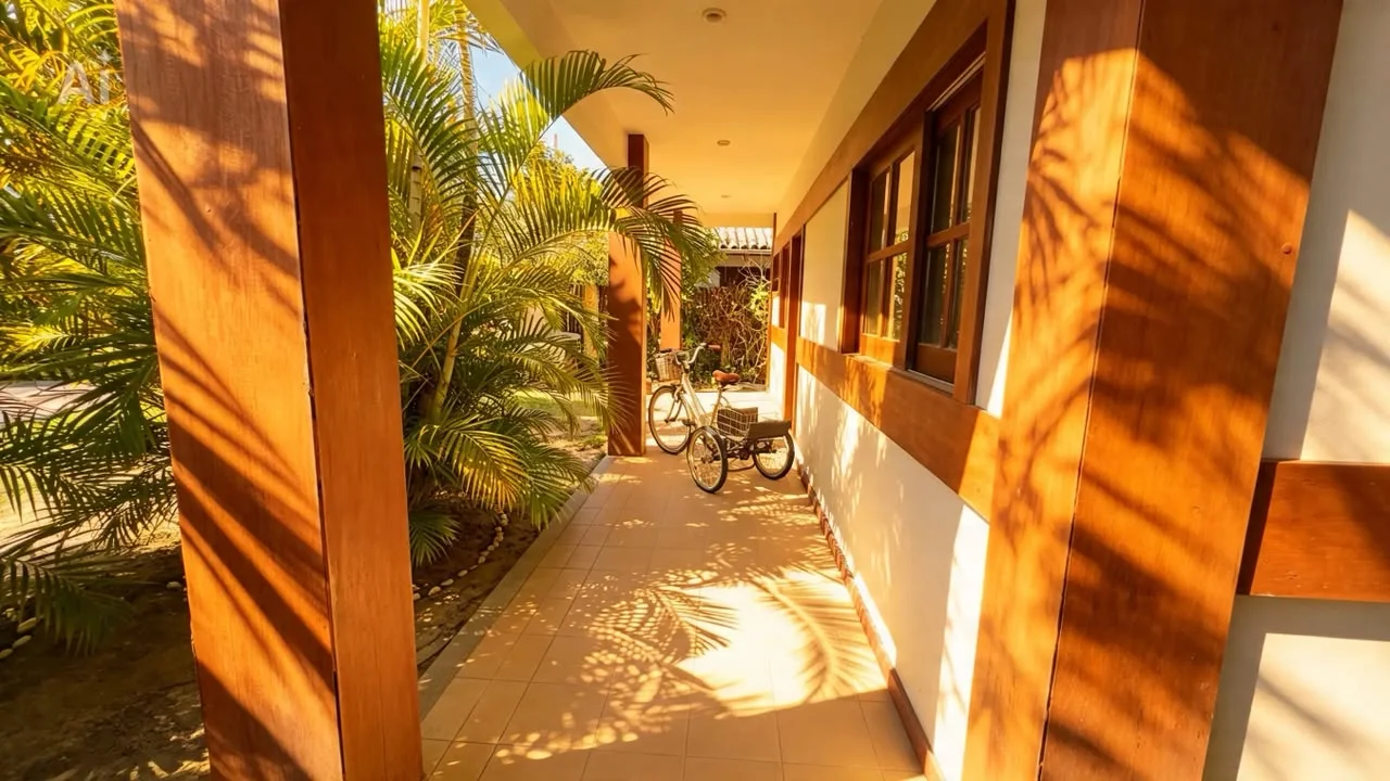 Detalhe da arquitetura de Casa no Porto das Baleias com piscina e acesso à praia em Praia do Forte